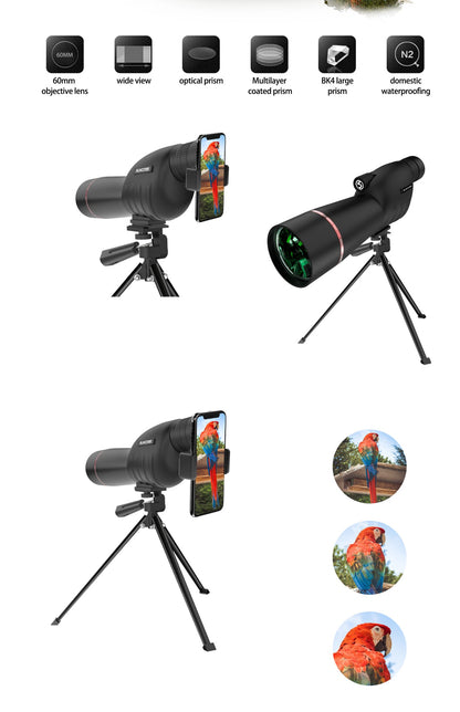 Monóculo Telescópio com Lente Objetiva 25-75x60, Prisma, Foco Manual, Material de Borracha, Revestimento Verde, Aumento Máximo de 75x