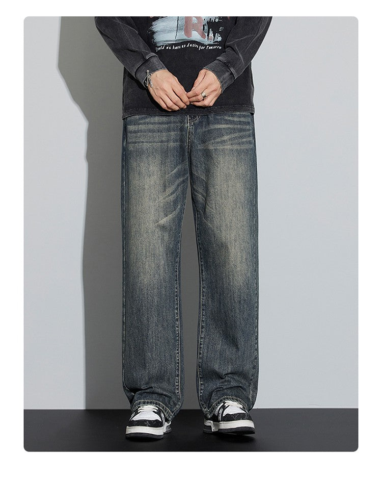 Calças Jeans Masculinas Folgadas de Algodão Perna Larga Retrô Estilo Urbano Coreano Reta Lavada Calças Jeans de Marca de Alta Qualidade