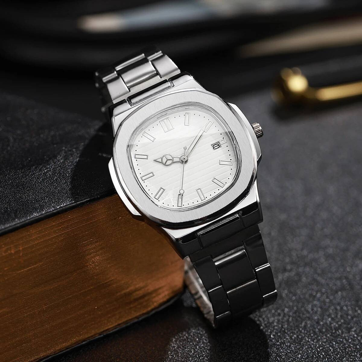 Fashion Square Men Business Watches Stainless Steel Strap Calendar Quartz Wristwatch Mens Clock Reloj Hombre?Without Box?