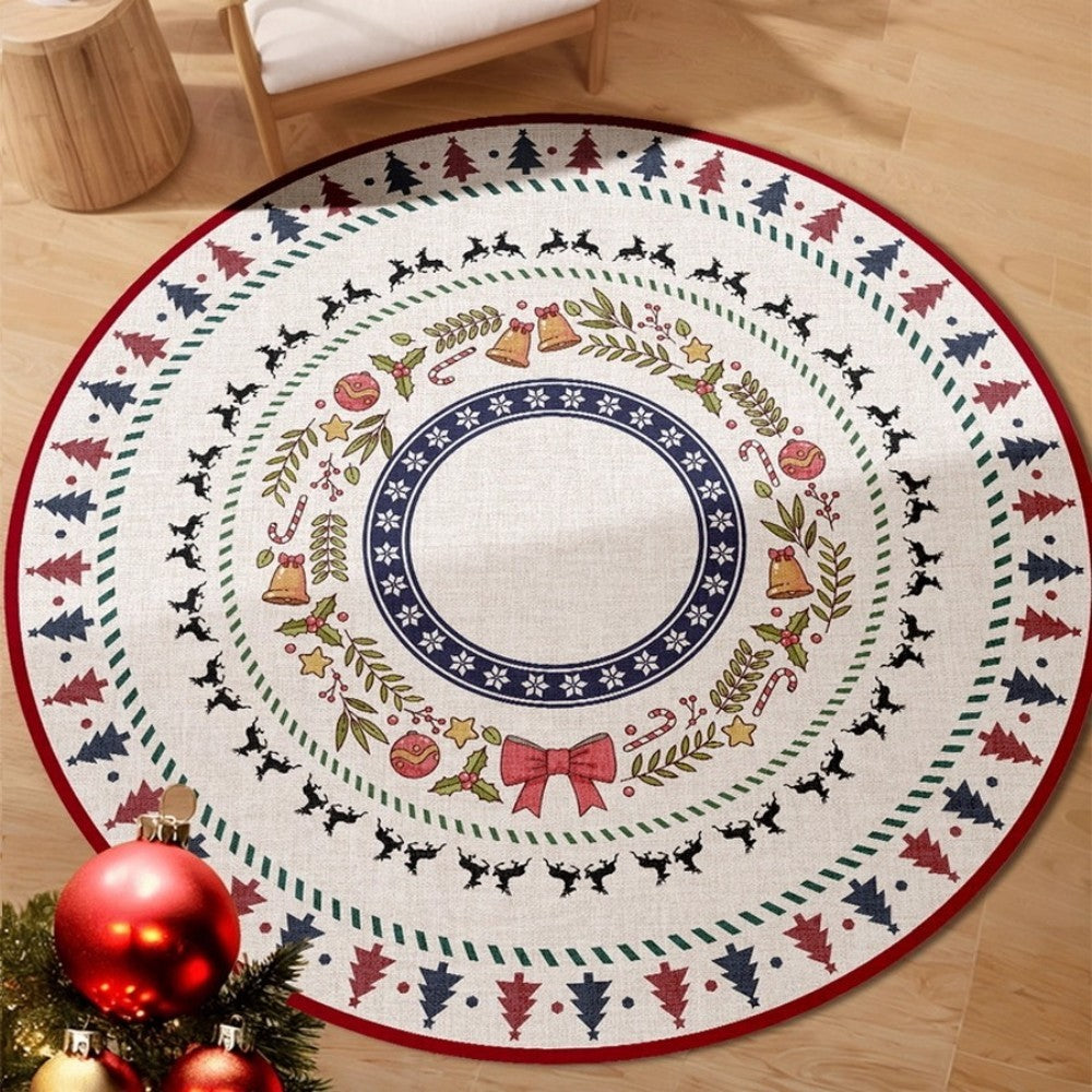 VIKAMA Christmas Theme Round Rug Reindeer Christmas Tree Pattern Living Room Rug Christmas Ambience Decoration