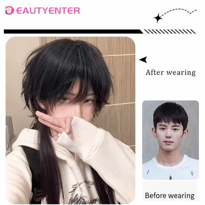 Peruca Curta Mullet Cabeça Sintética Lisa Dourado Preto Fofo Natural Rabo de Lobo Cabelo Masculino e Feminino Peruca para Festa Diária Cosplay