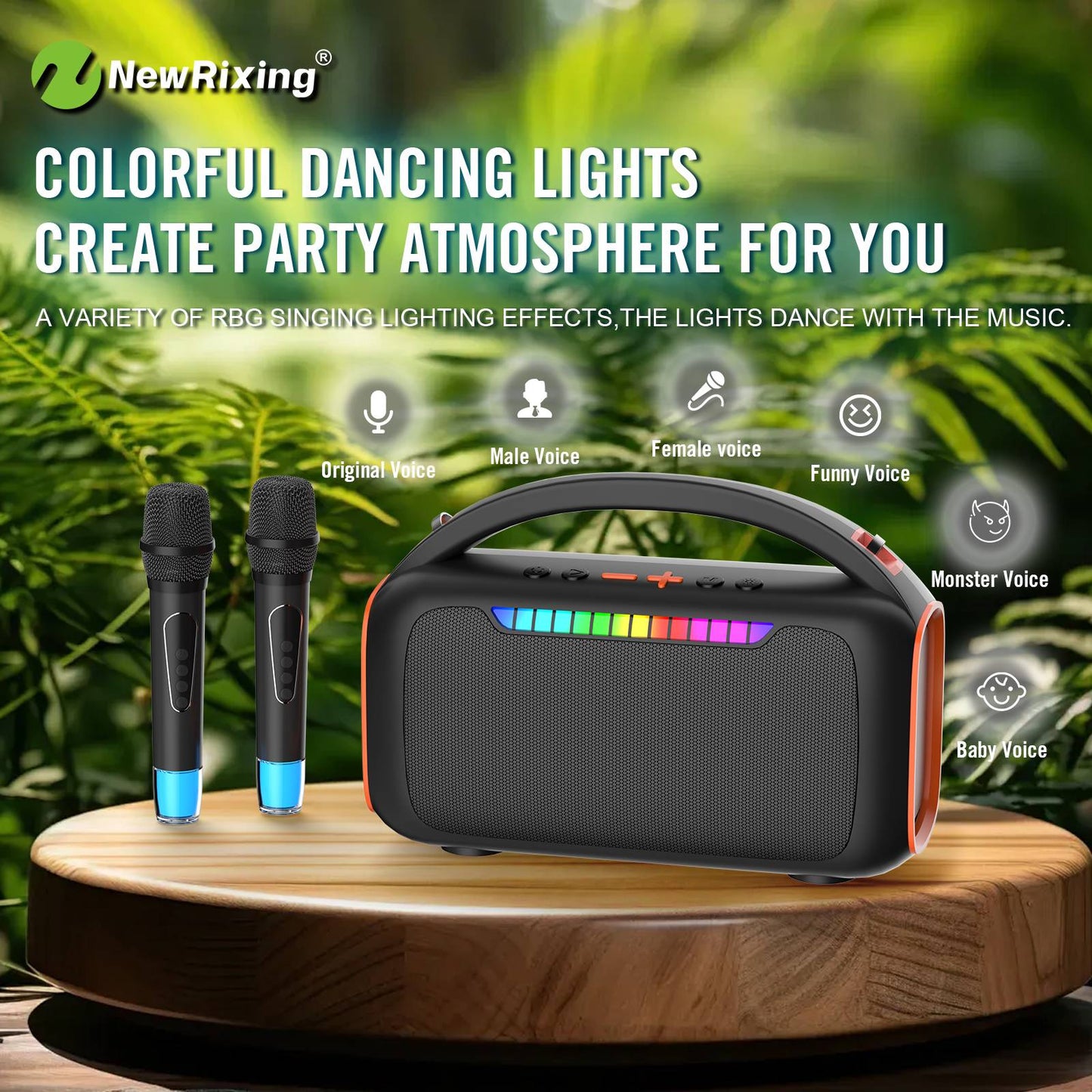 Máquina de Karaokê com 2 microfones, sistema de karaokê portátil, luz RGB, 30W, conexão automática ao ligar, para BT5.3/USB/TF/AUX