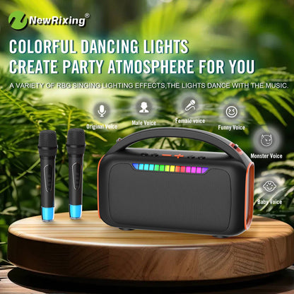 Máquina de Karaokê com 2 microfones, sistema de karaokê portátil, luz RGB, 30W, conexão automática ao ligar, para BT5.3/USB/TF/AUX