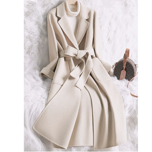 Novo estilo de casaco feminino de lã bege slim fit para outono e inverno, moda japonesa e coreana