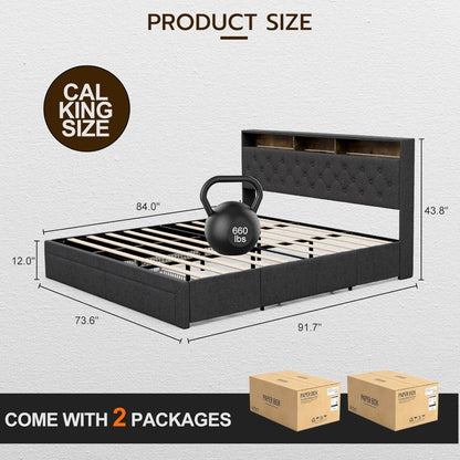 King Bed Frame with Charging Station Storage Headboard Upholstered Linen Button Tufted LED Platform Bed with 4 Drawers