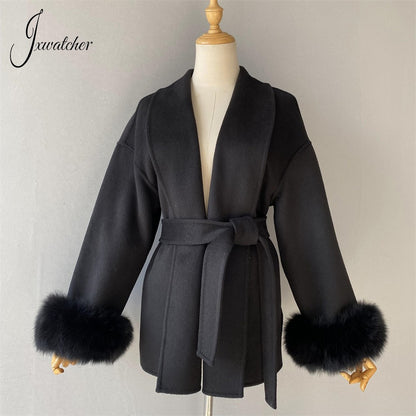 Jxwatcher Women's Wool Coat with Real Fox Fur Cuffs Ladies Elegance Belt Slim Outerwear Fall Winter High-End Wool Coats 2024 New