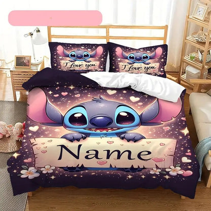 Capa de Edredom Stitch Anime Personalizável com 2 Fronhas Conjunto de Roupa de Cama Personalizado com Nome de Desenho Animado para Mulheres Crianças Adolescentes