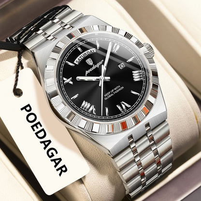POEDAGAR Luxury Business Man Watch Week Date Waterproof Luminous Watches For Men Stainless Steel Quartz Fashion Men's Wristwatch