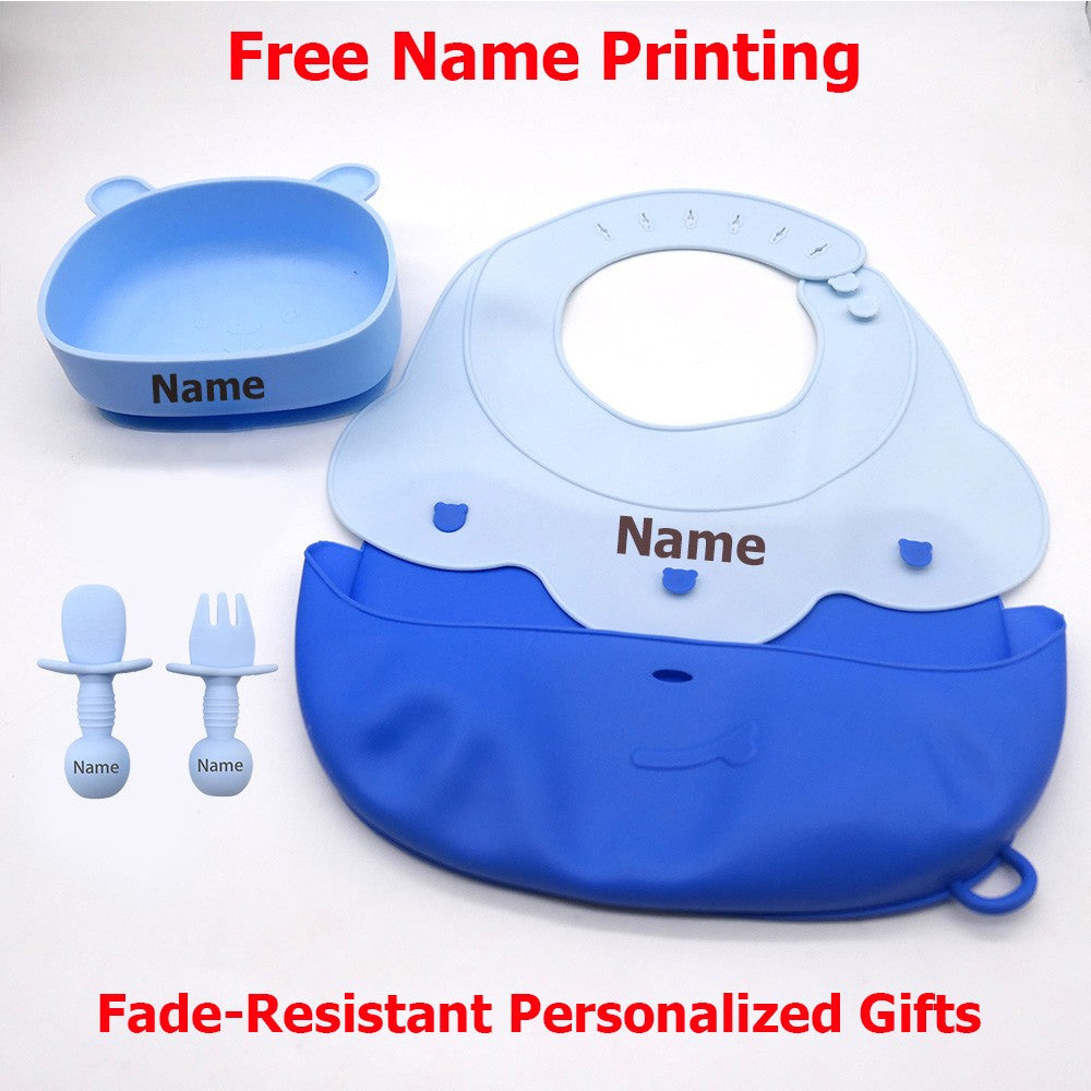 Silicone Bib & Tableware Set Waterproof & Easy to Clean Free Name Engraving Creative Gifts Customized for Babies
