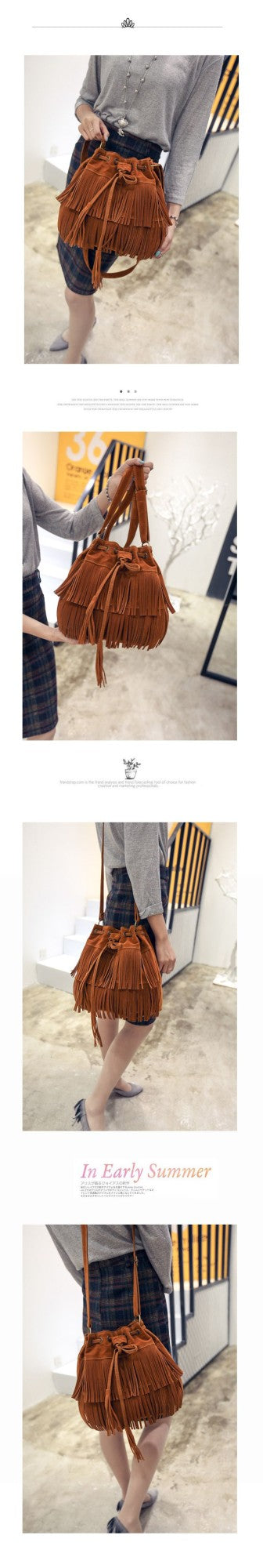 Fashion Retro Faux Suede Fringe Women Messenger Bags Tote New Handbag Tassel Shoulder Handbags Crossbody Bag Tassel Bucket