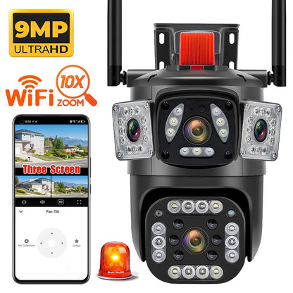 9MP 8K WiFi Camera Outdoor 10X Zoom Three Lens Dual Screen PTZ Waterproof Surveillance Security Video Street Camera