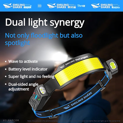 Wave Sensor Headlamp 2400mAh USB Charging Head Light 6 Modes with 315° Rotatable Side Lights For Fishing Outdoor Riding Camping
