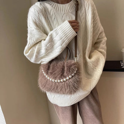 Winter Fashion Faux Fur Crossbody Bags for Women's Gift, Pearl Chain Decor Shoulder Bag, Ladies Handbags Top-handel Bag