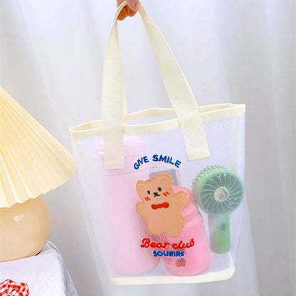 INS Cute Bear Cosmetic Bag Women Fashion Handbag Transparent Mesh Makeup Case Summer Convenient Swimming Outdoor Beach Bag