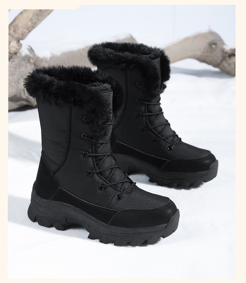 2025 Women's Snow Boots Beige Lace-up Waterproof Antiskid Female New Ankle Boots Walking Shoes plush Winter Warm Mid-Calf Boots