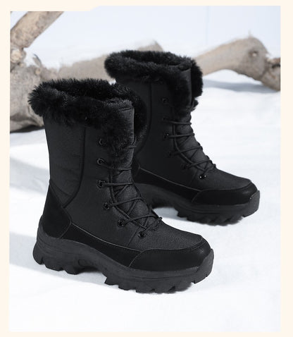 2025 Women's Snow Boots Beige Lace-up Waterproof Antiskid Female New Ankle Boots Walking Shoes plush Winter Warm Mid-Calf Boots