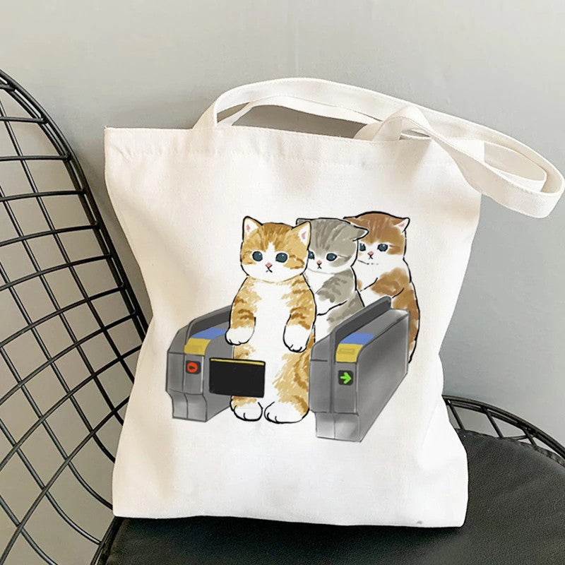 Kawaii Cats Manga Cartoon Reusable Tote Bag Women's High Capacity Versatile Canvas Shoulder Bag, Beach Shopper Handbag