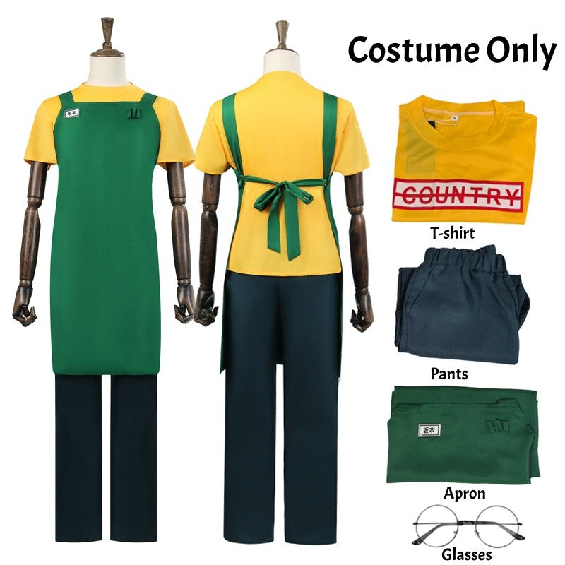Anime Sakamoto Days Taro Sakamoto Cosplay Costume Yellow Retired T-Shirt Green Apron Glasses Halloween Party Suit For Men