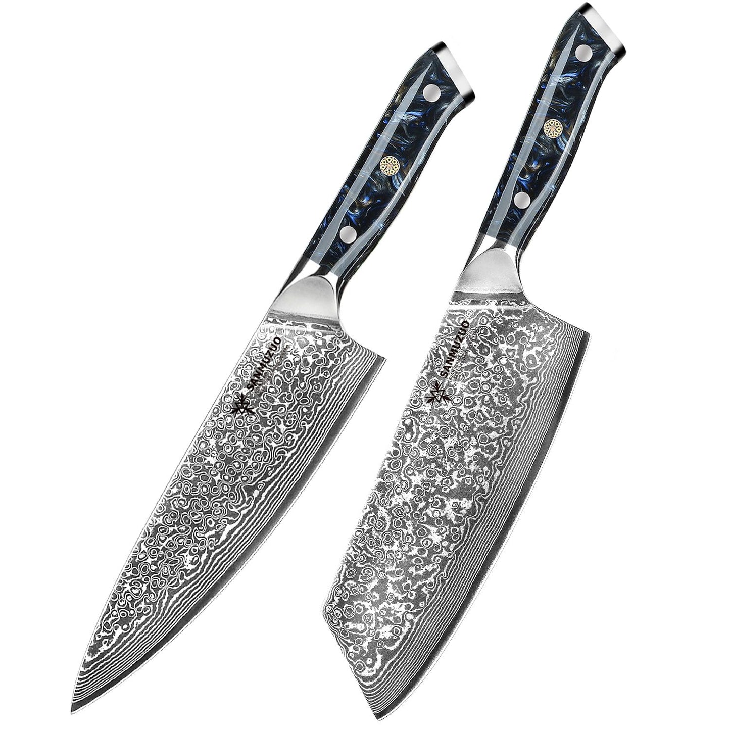 Conjunto de facas de cozinha SANMUZUO 2 peças - Série Xuan - Faca de Chef e Faca Nakiri em Aço Damasco VG10, Melhor Presente para Chefs - Cabo de Resina