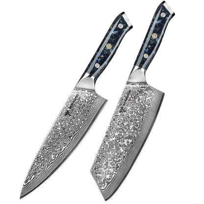 Conjunto de facas de cozinha SANMUZUO 2 peças - Série Xuan - Faca de Chef e Faca Nakiri em Aço Damasco VG10, Melhor Presente para Chefs - Cabo de Resina