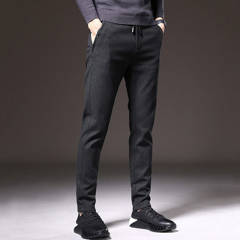 Autumn Winter Men Thermal Office Pants Straight Narrow Leg Classic Casual Pants Drawstring Tie Up Design Thicken Fleece Trousers