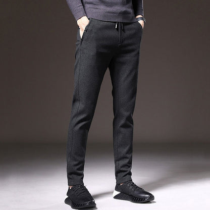 Autumn Winter Men Thermal Office Pants Straight Narrow Leg Classic Casual Pants Drawstring Tie Up Design Thicken Fleece Trousers