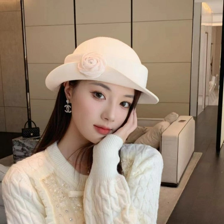 French light luxury Australian wool felt hat Hepburn style camellia flower small brim basin hat women elegant banquet top hat