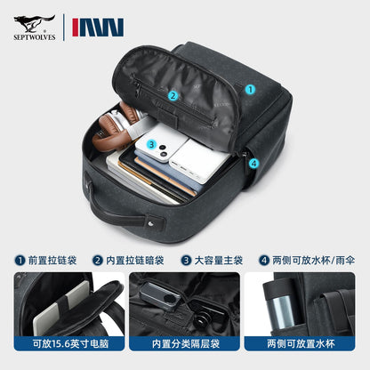 Septwolves Luxury Leather Backpack for Men Monogram Printed Stylish Laptop Backpack 15 Inch Travel Bag Black Business Backpack