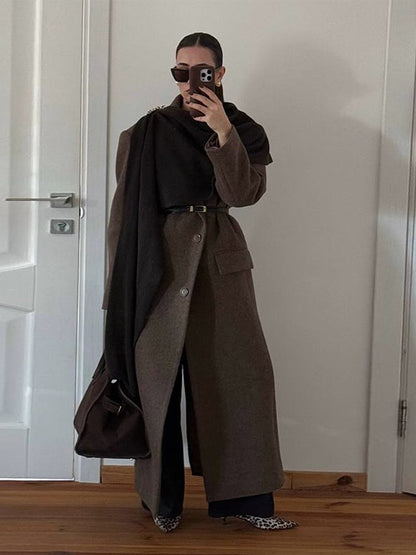 Women Elegant Shoulder Pad Wool Blend Overcoat Brown Lapel Single-breasted Long Sleeve Coat 2025 Autumn Lady Commuter Outerwear