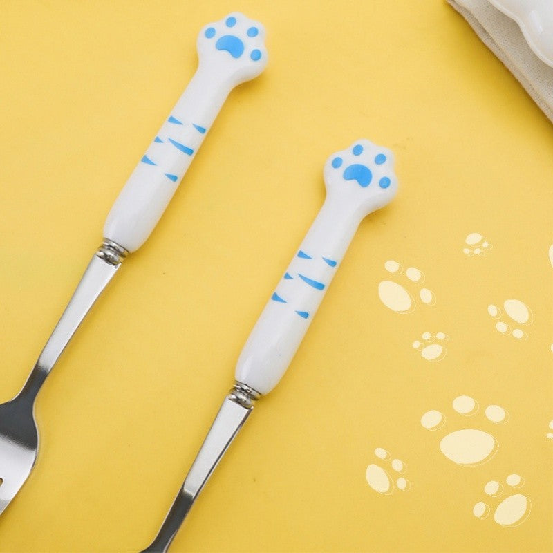 Conjunto de Talheres de Pata de Gato Fofa Garfo e Colher de Aço Inoxidável com Caixa de Armazenamento Louça Talheres Prata Acessórios para Almoço Bento