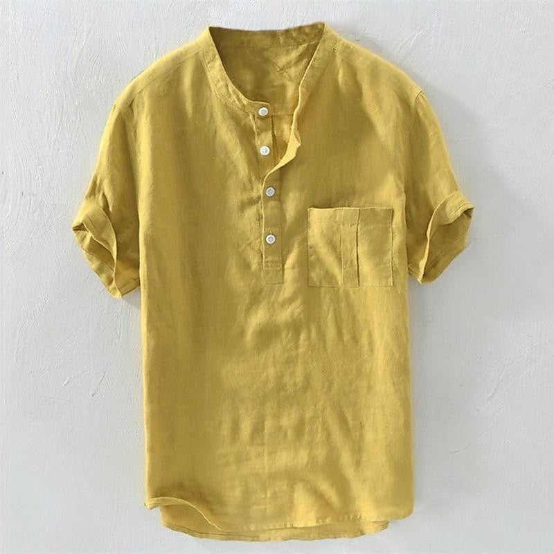 Hawaiian Men's Henley V Neck Short Sleeve Pocket Top Solid Color Fashion Shirt Men's Tops 100% Cotton and Linen Men's T-Shirt