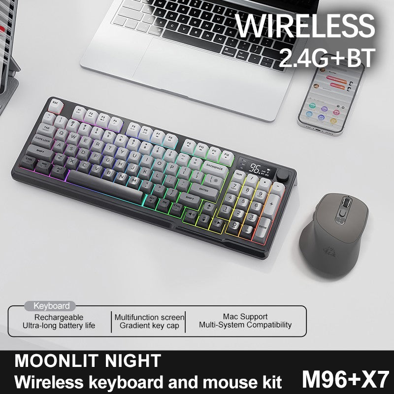 Teclado Sem Fio FreeWolf M96 com Tela, Teclado Gamer Bluetooth Conexão Dual-Mode, Conexão Multi-Dispositivos, Ergonômico
