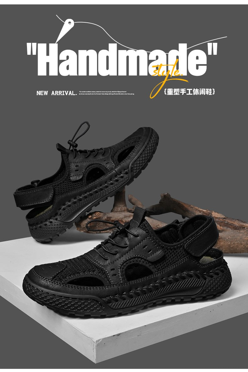 Sandals men's tide summer new style leather toe cap outdoor leisure sports hollow sandals beach shoes Handmade mesh men shoes