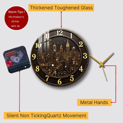 Tempered Glass Wall Clock Golden City Skyline At Night Suitable For Wall Decor or Tabletop Display Anywhere