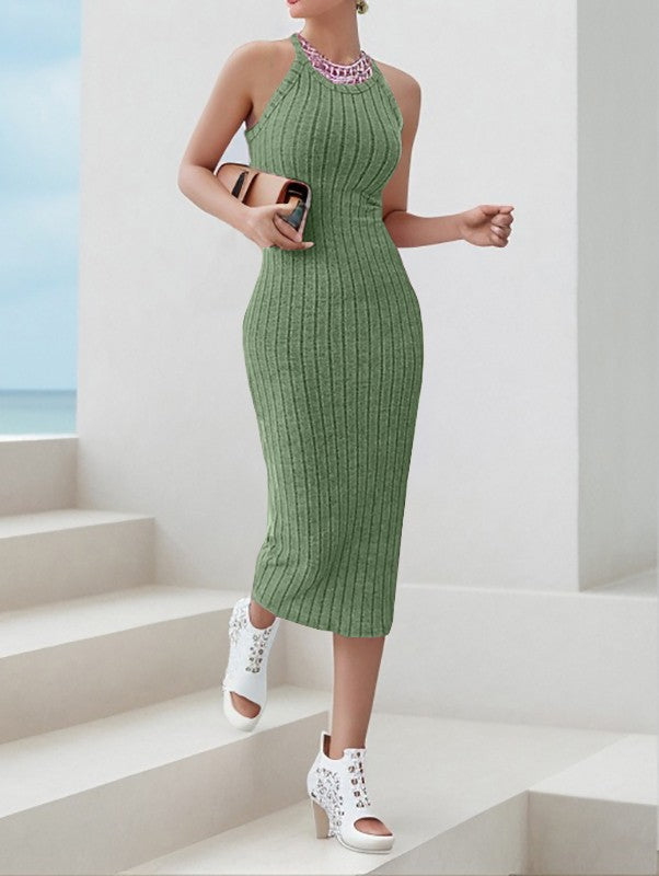 Solid Halter Neck Bodycon Midi Dress High-end temperament vest halter dress wome