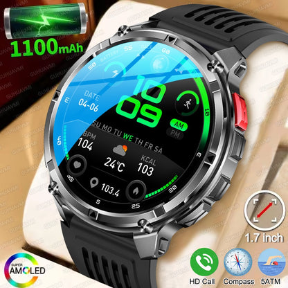 Relógio Inteligente Militar com Bússola GPS Masculino Bateria 1100mAh Lanterna Frequência Cardíaca 100+ Modos Esportivos Chamada Bluetooth Smartwatch à Prova d'Água