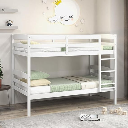 Beliche Madeira Solteiro sobre Solteiro, com Grade de Proteção de Comprimento Total e Escada Integrada, Estrutura de Cama que Economiza Espaço, Colchão F