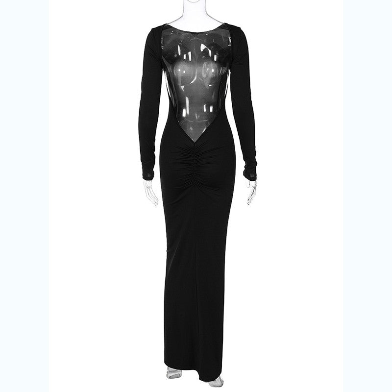 Hugcitar Spring Elegant Long Sleeve Backless Solid Cuched Sexy Bodycon Maxi Prom