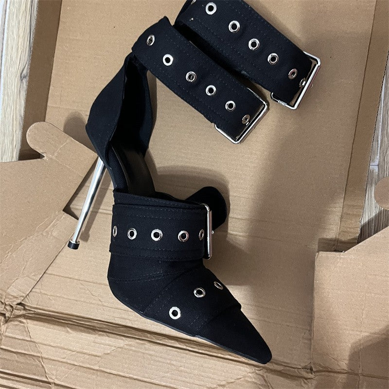 Denim Metal Rivet Buckle Silver Sandals Women's Sexy Punk Style Pointed Metal Hollow 12cm High Heels Size 34-43 Womens Shoes