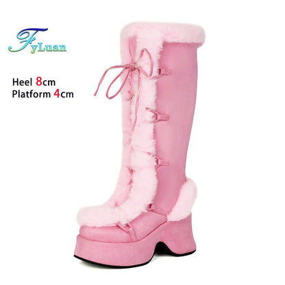 8CM Chunk Heels Winter Warm Knee High Boots Women Snow Short Plush Platform Boots Faux Fur Cosplay Lace-up Long Shoes Size 34-43