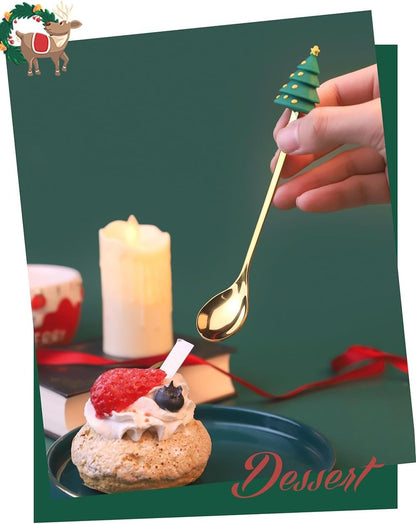 Conjunto 6 Peças de Garfos e Colheres Papai Noel Árvore de Natal Aço Inoxidável Colher de Café Sobremesa Utensílios de Mesa para Festa de Natal Presente Requintado