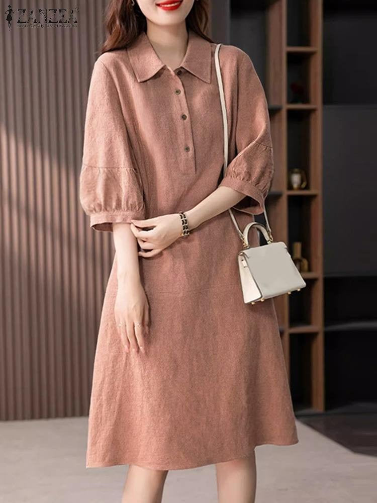 ZANZEA Women Cotton Shirt Dress 2024 Summer Lapel Neck Dresses Korean Office 3/4