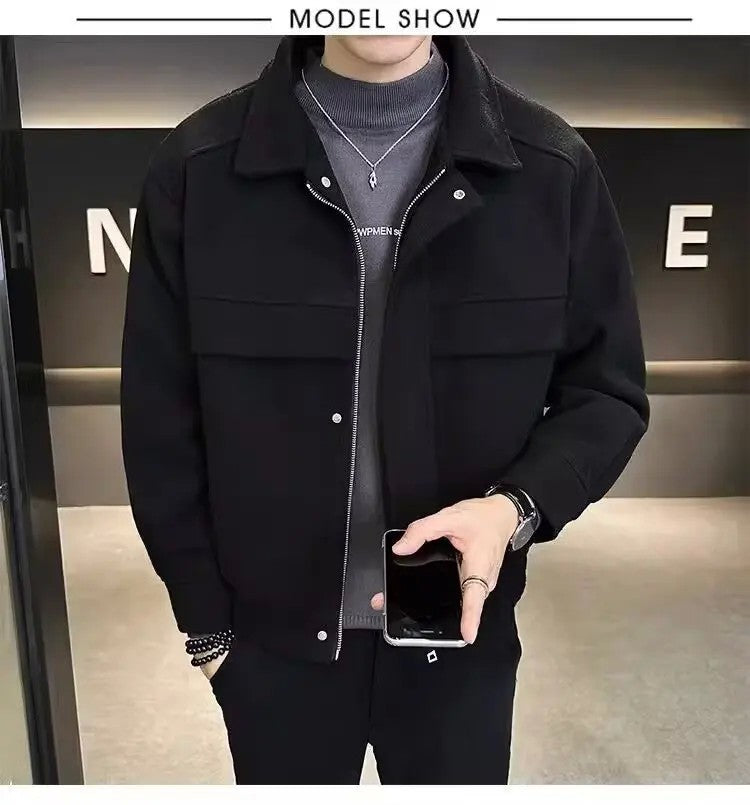 Men's Autumn Winter 2023 New High-end Feeling Cropped Woolen Jacket Casual Style Loose Fit Sweater Coat