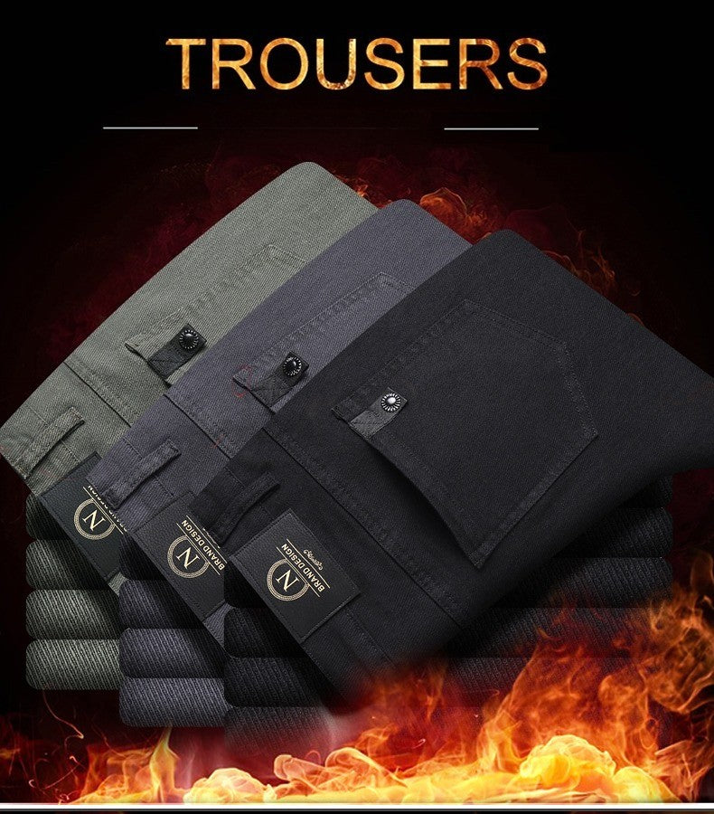 Fleece Pants Men's Winter Thick Slim Elastic Business Casual Velvet Pants Warm Fashion Solid Color Plush Trousers Male