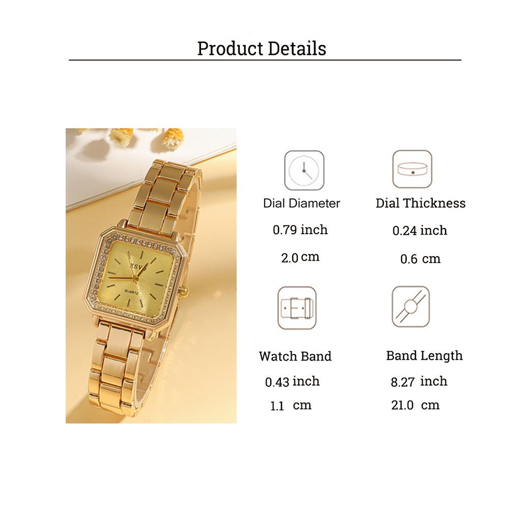 Vintage Gold Fashion Watch Set Square Plate Watch Chain Bracelet Geometric Accessories Orange Gift Box