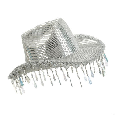 L5YA Eye-catching Panama Hat Studded Mirrored Party Hat for Women Halloween Costume Decorative Raindrop Tassels