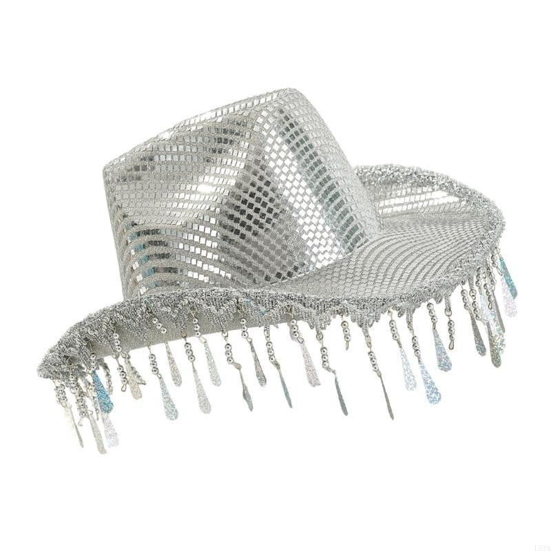 L5YA Chapéu de Panamá Chamativo com Tachas e Espelhos para Festa Feminina Chapéu de Fantasia de Halloween com Borlas de Gotas de Chuva Decorativas