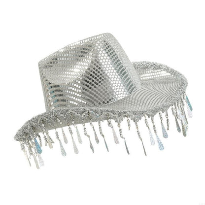 L5YA Chapéu de Panamá Chamativo com Tachas e Espelhos para Festa Feminina Chapéu de Fantasia de Halloween com Borlas de Gotas de Chuva Decorativas
