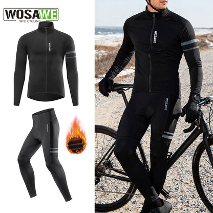 WOSAWE Men's Cycling Jersey Set Winter Fleece Cycling Jacket Pants Warm Long-sleeved Suit Bike Bicycle Jacket Riding Suit