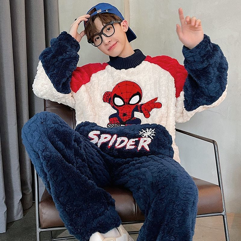 Conjunto de Pijama Masculino Homewear Marvel Homem-Aranha Anime Novo Bonito Desenho Animado Criativo Padrão Simples Moda Flanela Macia Engrossada Quente